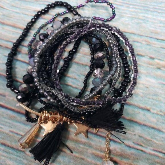Multi Strand Beaded Stacking Bracelets Layering Boho Black NWT - Picture 3 of 4